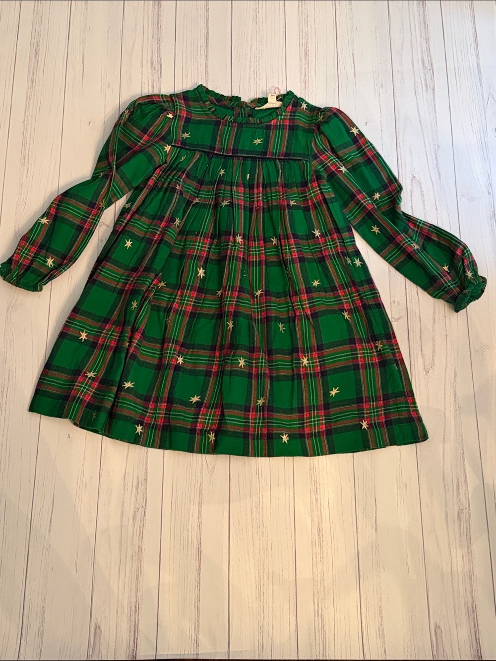 NWT Mini Boden Green Plaid flannel Dress with Red Trim and Gold Star Details